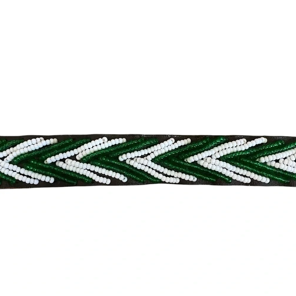 Beaded Leather Belt Sz 30 - Green and White